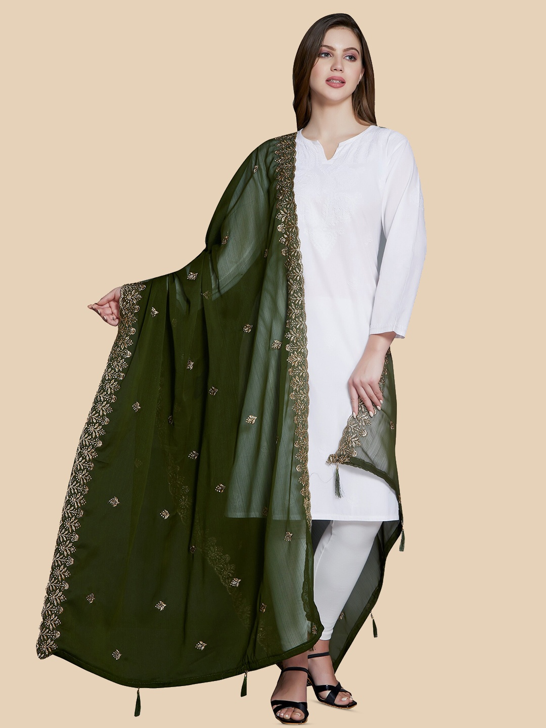 

Rani Saahiba Floral Embroidered Zari Dupatta, Olive
