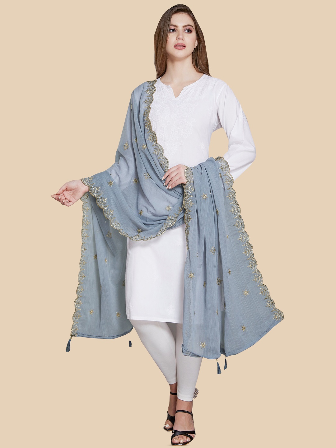 

Rani Saahiba Floral Embroidered Zari Dupatta, Grey