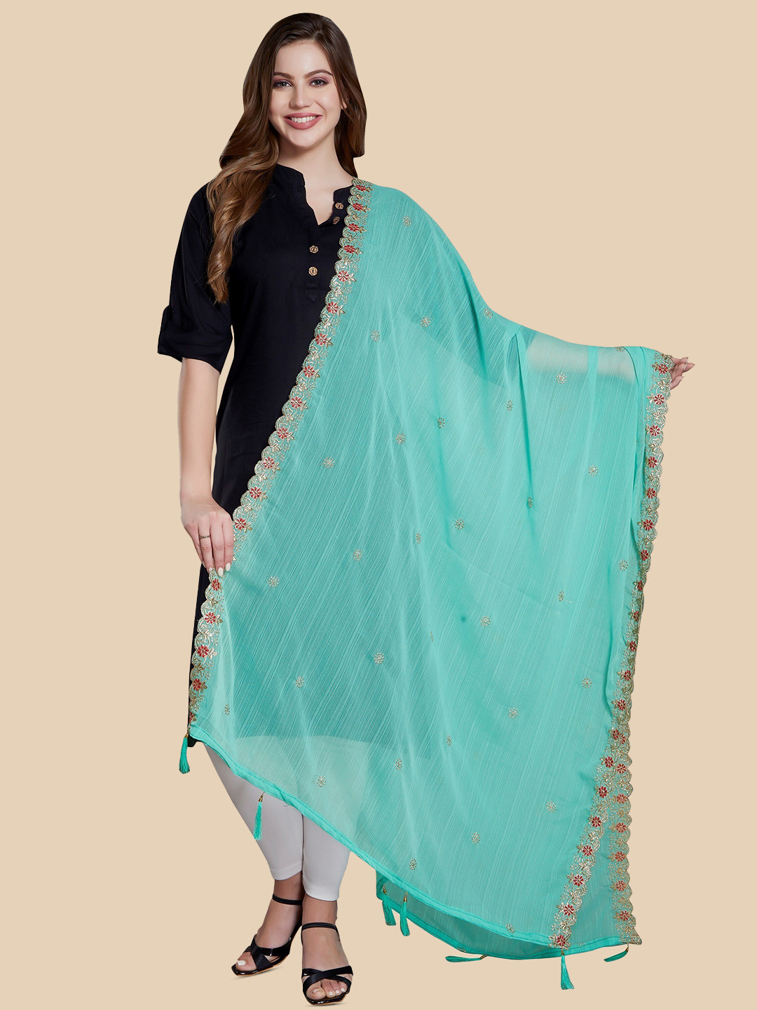 

Rani Saahiba Ethnic Motifs Embroidered Zari Dupatta, Sea green
