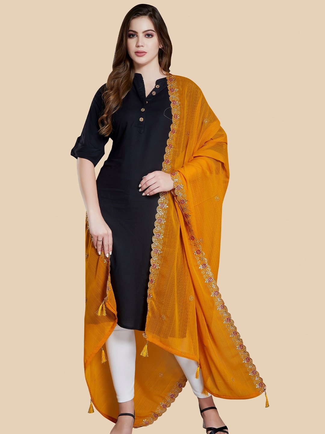 

Rani Saahiba Floral Embroidered Zari Dupatta, Mustard