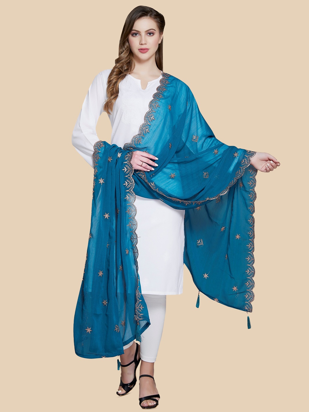 

Rani Saahiba Ethnic Motifs Embroidered Zari Dupatta, Teal