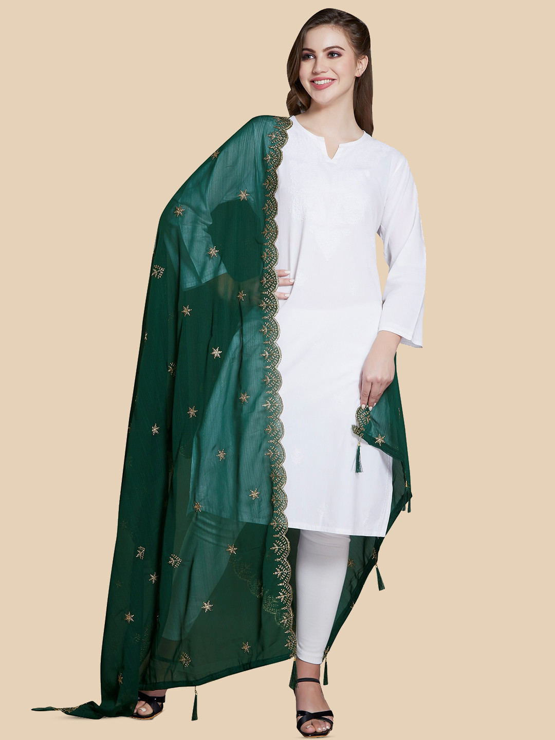

Rani Saahiba Floral Embroidered Zari Dupatta, Green
