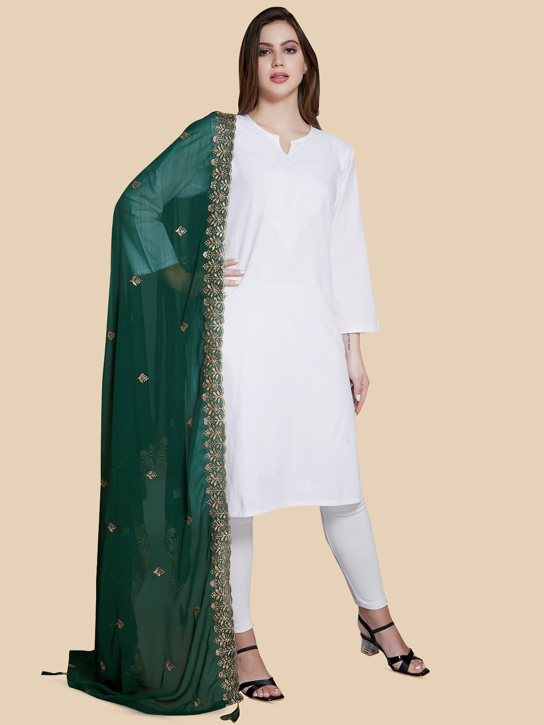 

Rani Saahiba Floral Embroidered Dupatta With Zari, Green