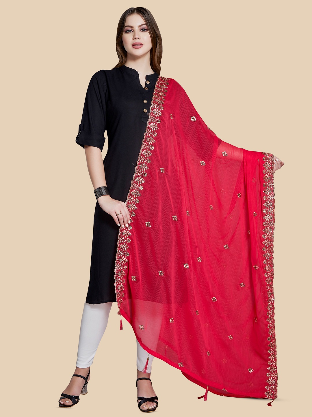 

Rani Saahiba Floral Embroidered Dupatta With Zari, Pink