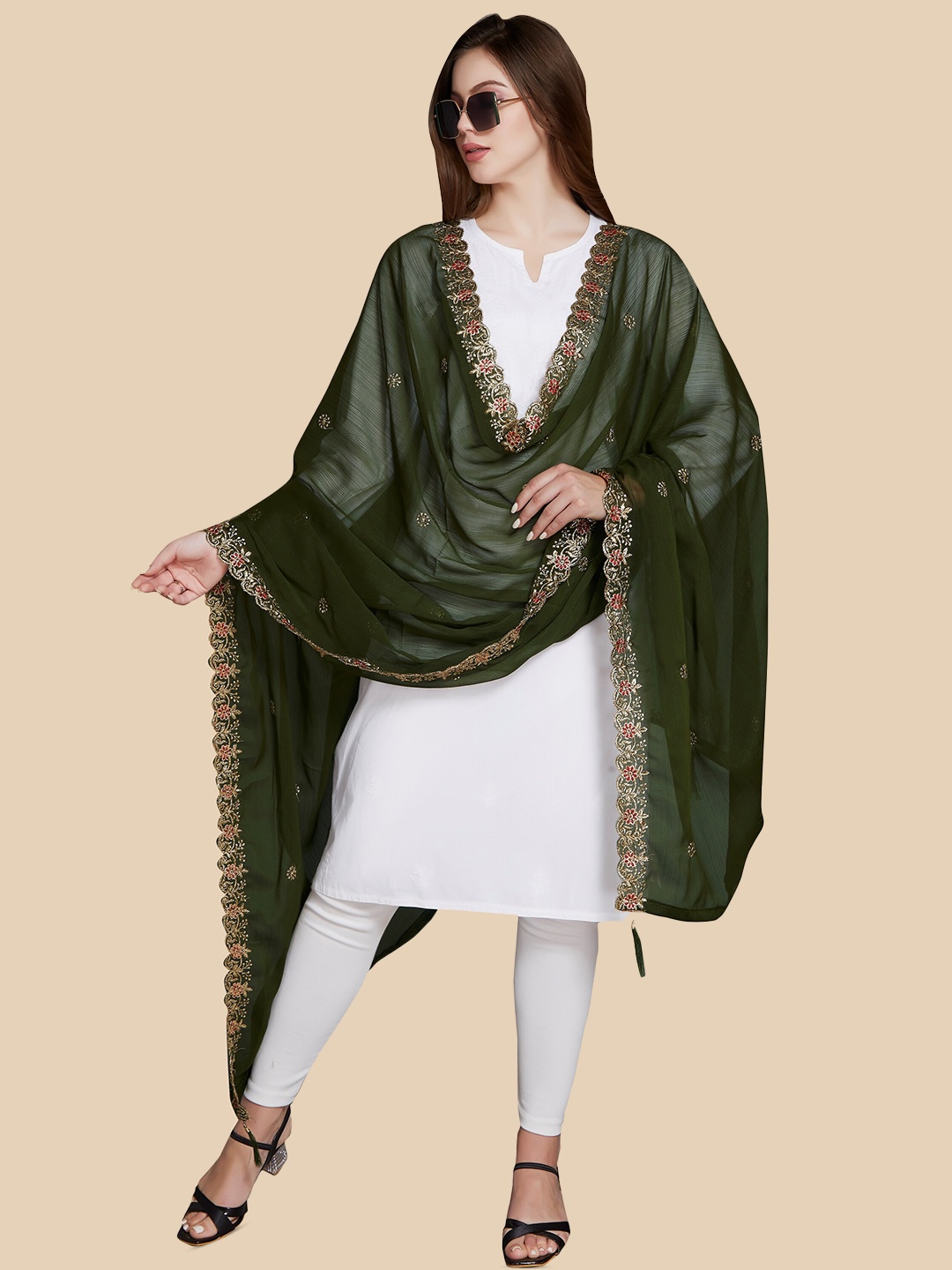 

Rani Saahiba Floral Embroidered Dupatta With Zari, Olive