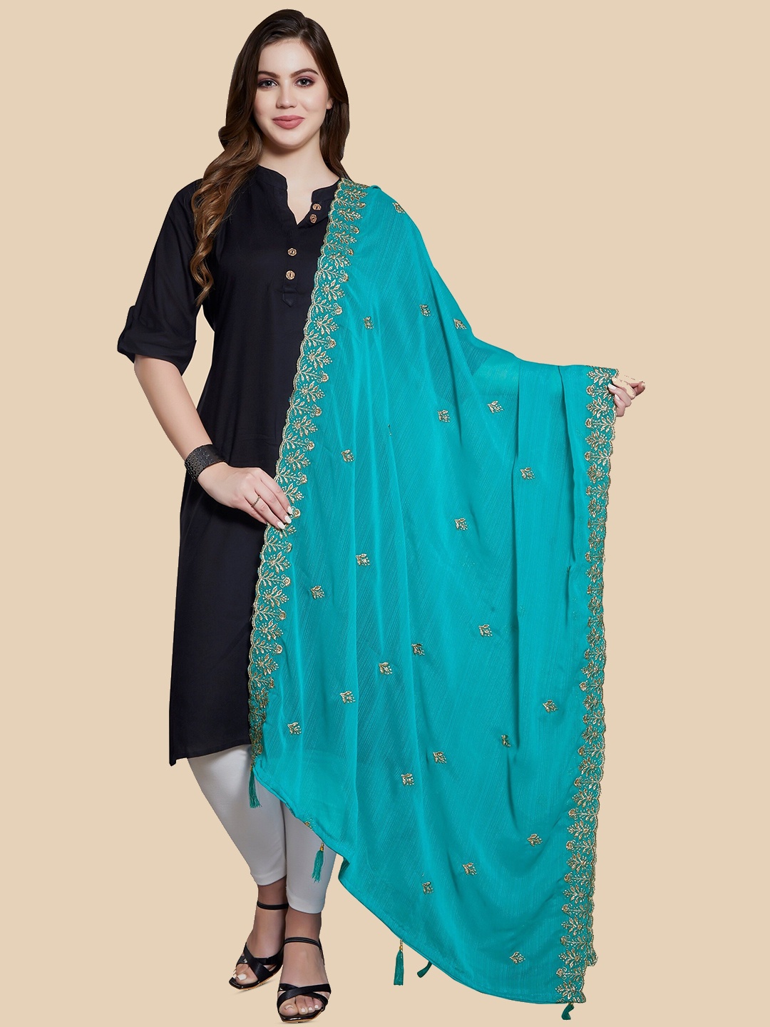 

Rani Saahiba Ethnic Motifs Embroidered Zari Dupatta, Turquoise blue