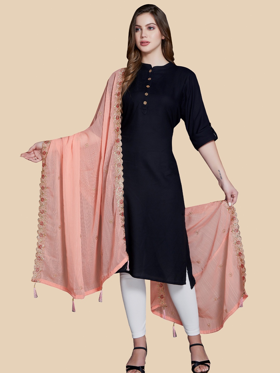 

Rani Saahiba Ethnic Motifs Embroidered Dupatta With Zari, Peach