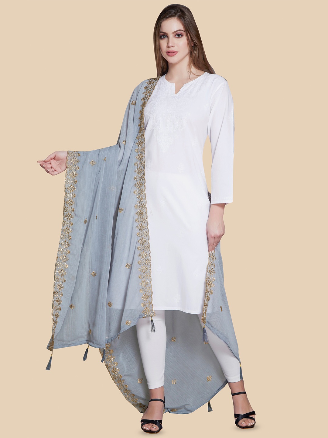 

Rani Saahiba Floral Embroidered Zari Dupatta, Grey