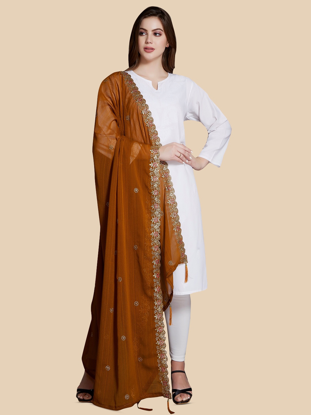 

Rani Saahiba Ethnic Motifs Embroidered Zari Dupatta, Brown