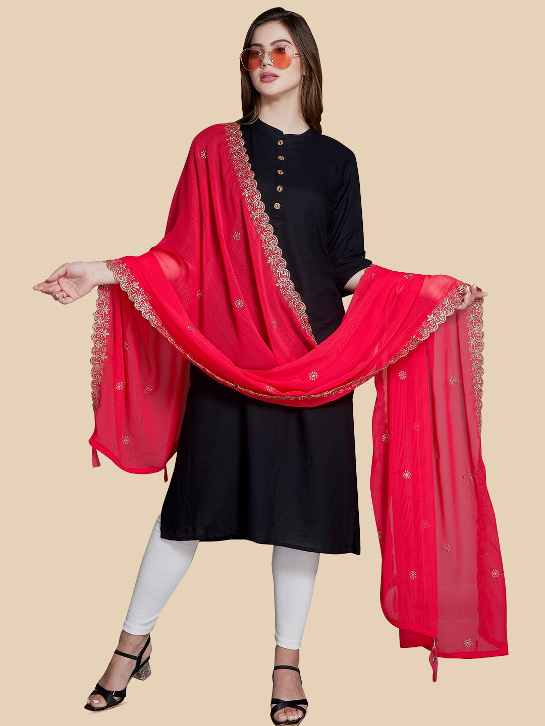 

Rani Saahiba Ethnic Motifs Embroidered Zari Dupatta, Pink