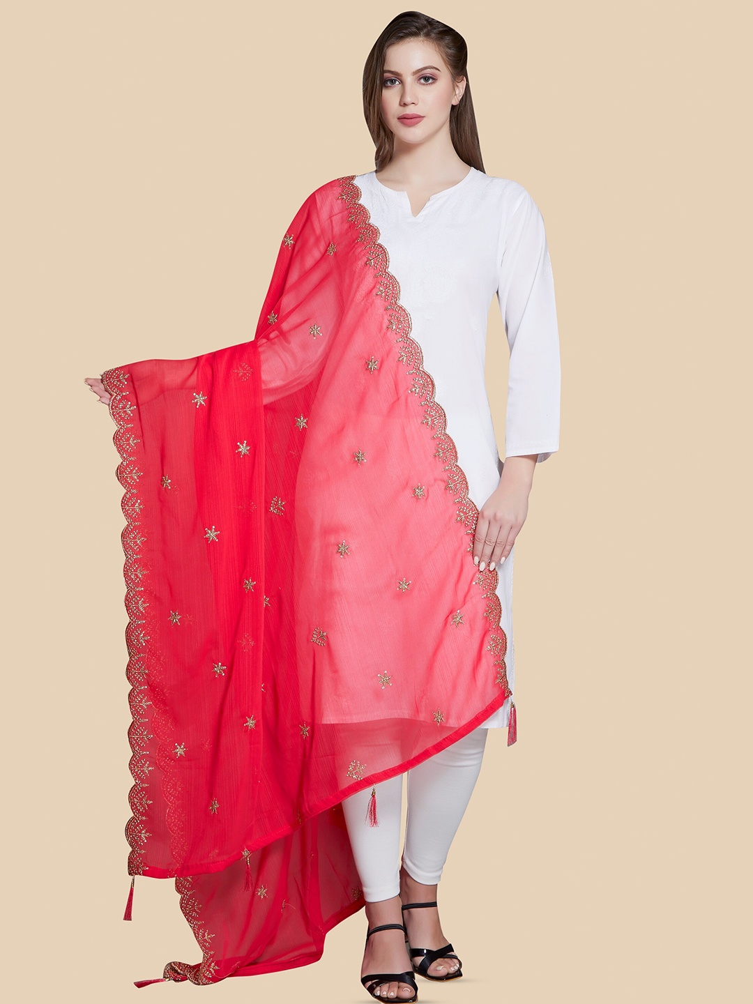 

Rani Saahiba Ethnic Motifs Embroidered Zari Dupatta, Pink