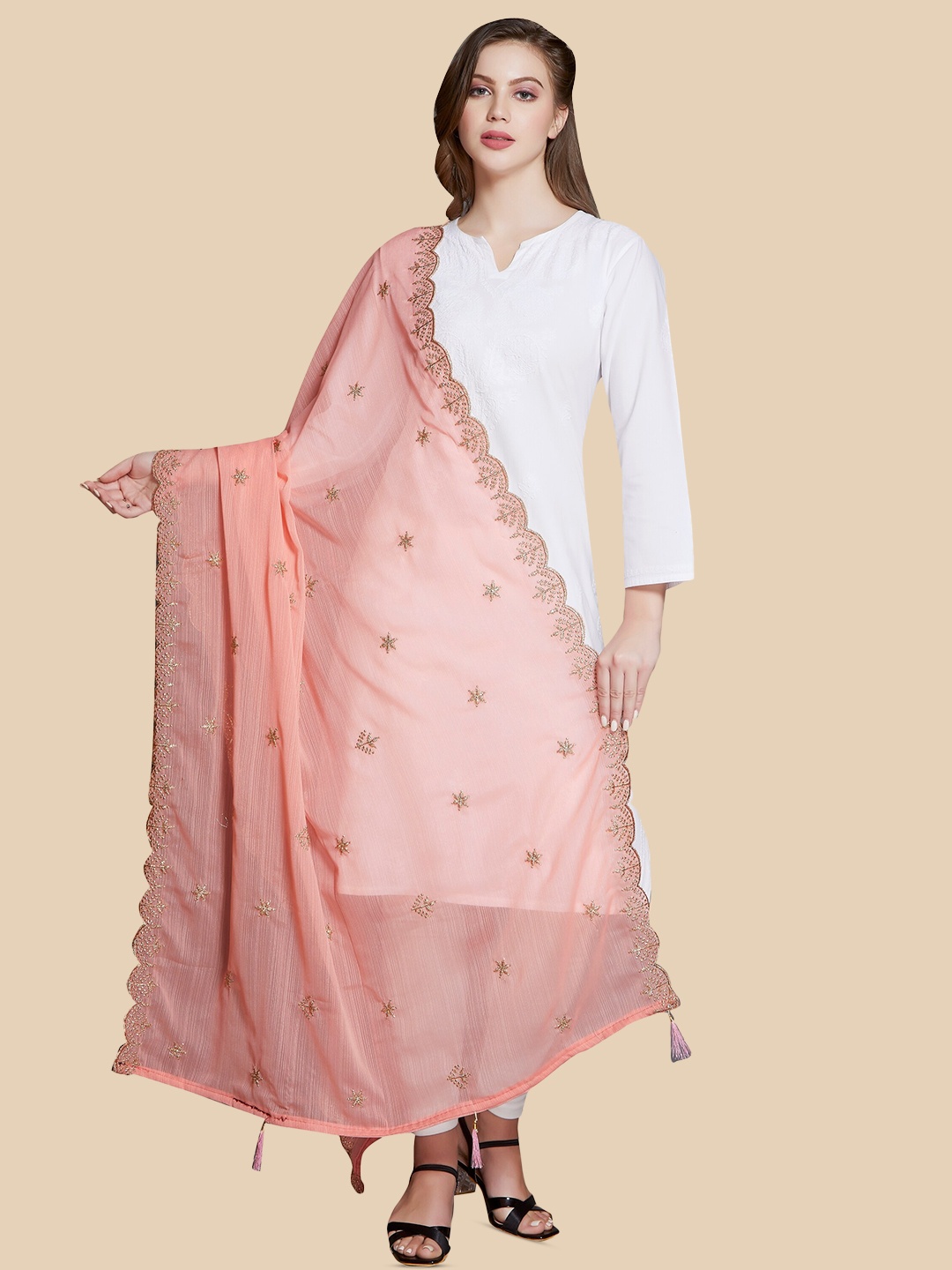 

Rani Saahiba Floral Embroidered Zari Dupatta, Peach