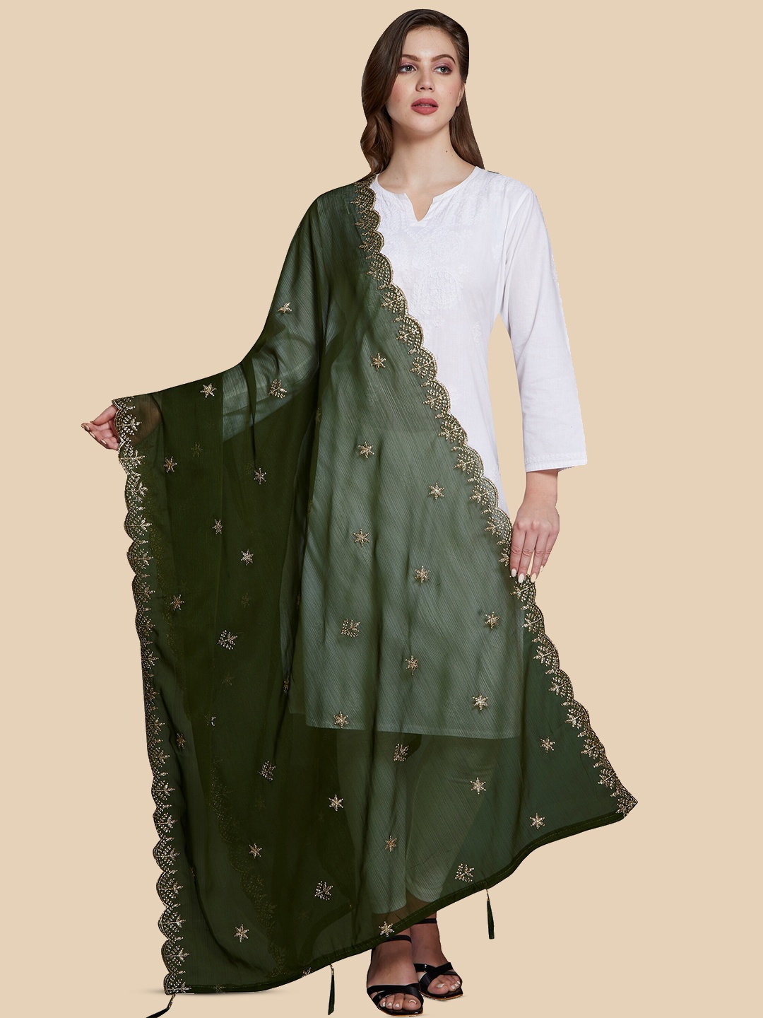 

Rani Saahiba Ethnic Motifs Embroidered Zari Dupatta, Olive