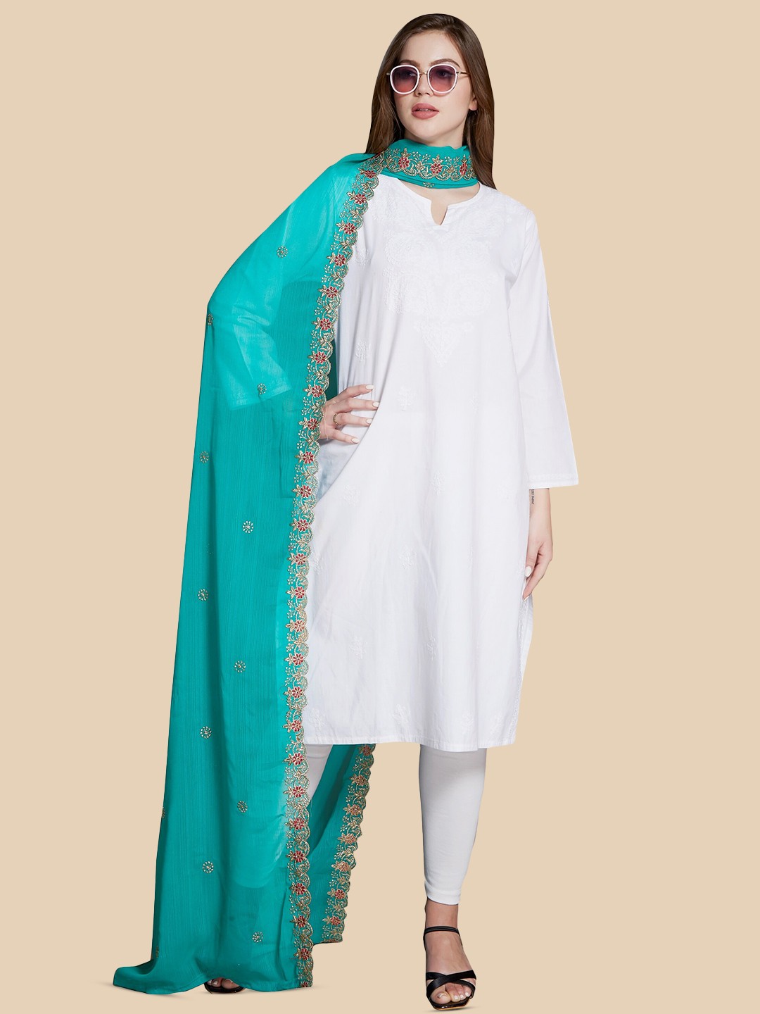 

Rani Saahiba Ethnic Motifs Embroidered Dupatta With Zari, Turquoise blue