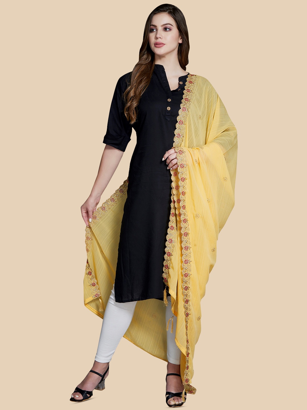 

Rani Saahiba Ethnic Motifs Embroidered Zari Dupatta, Beige