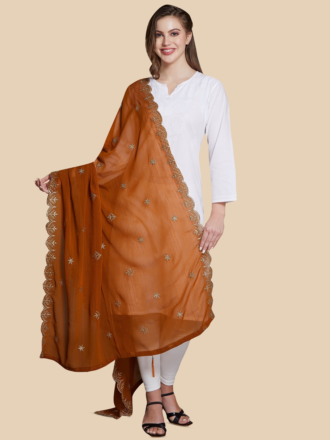 

Rani Saahiba Ethnic Motifs Embroidered Zari Dupatta, Brown