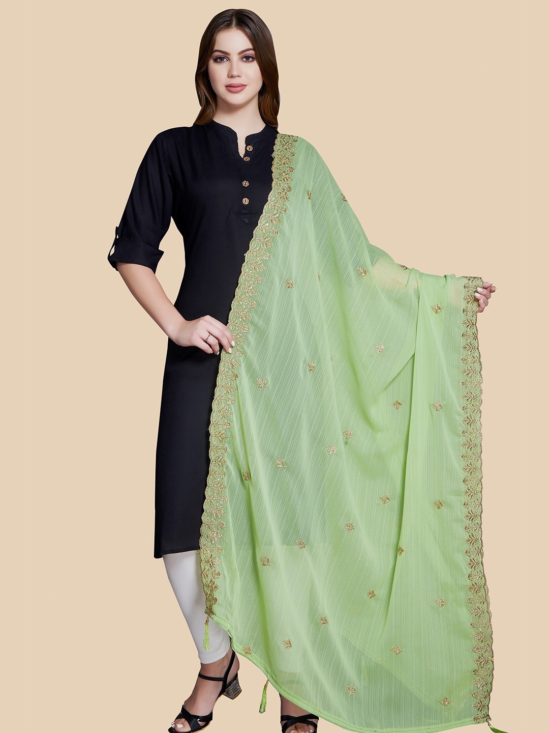 

Rani Saahiba Lime Floral Embroidered Dupatta with Zari, Lime green