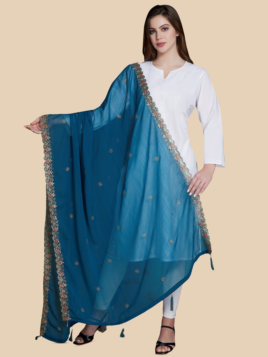 

Rani Saahiba Floral Embroidered Zari Dupatta, Teal