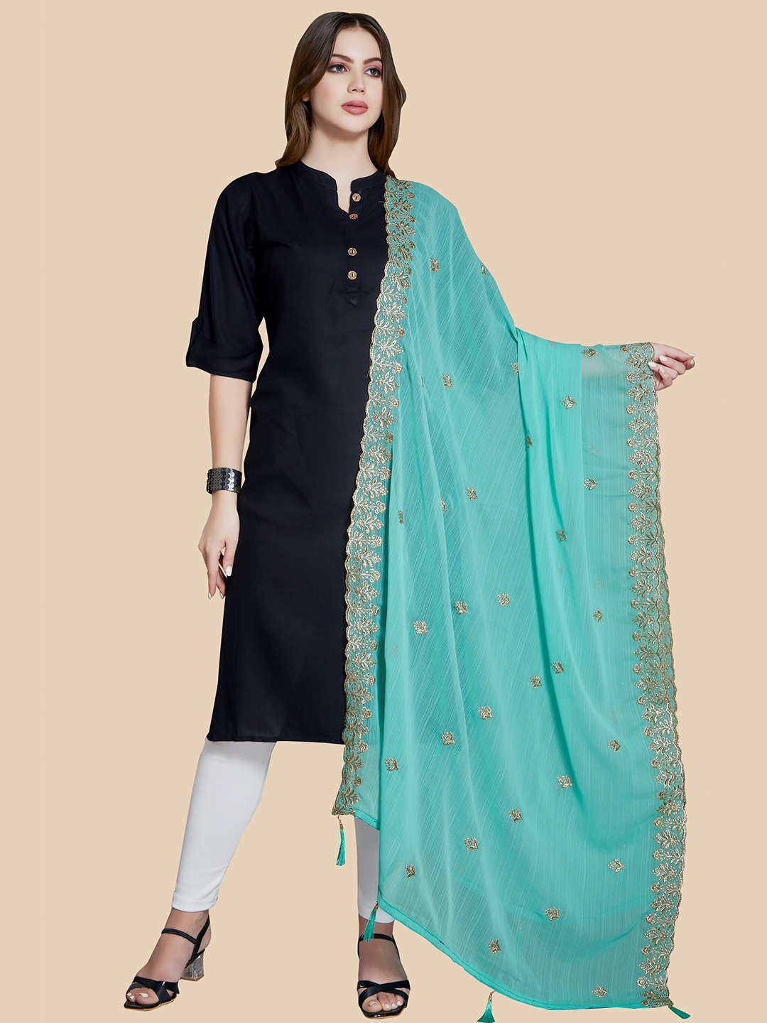 

Rani Saahiba Embroidered Dupatta With Zari, Sea green