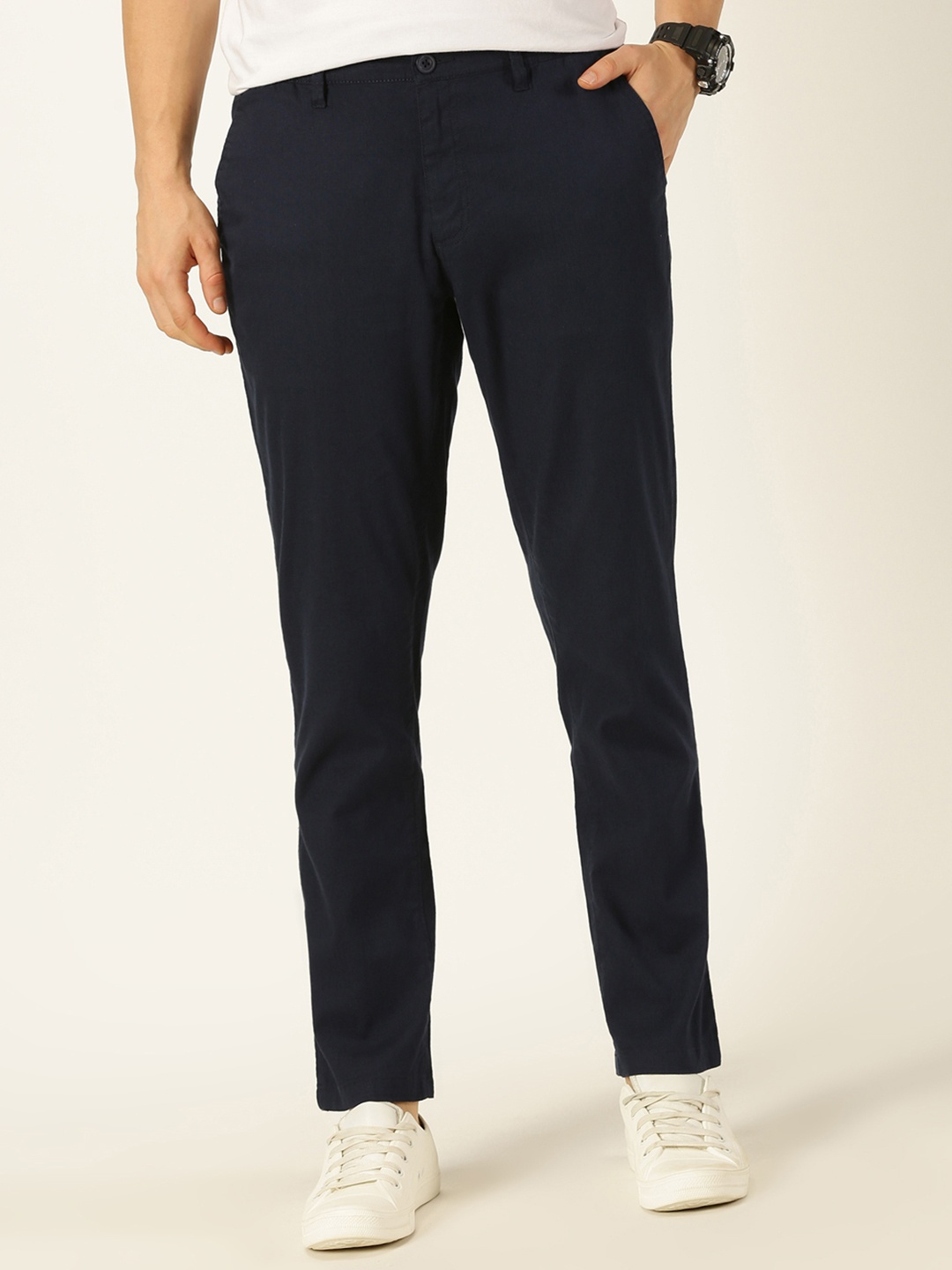 

Mast & Harbour Men Smart Slim Fit Mid-Rise Chinos Trousers, Navy blue