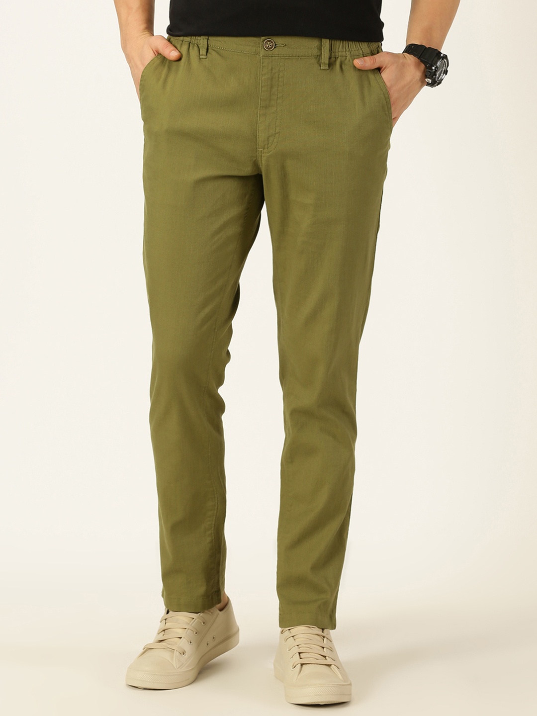 

Mast & Harbour Men Olive Green Smart Slim Mid-Rise Chinos Trousers