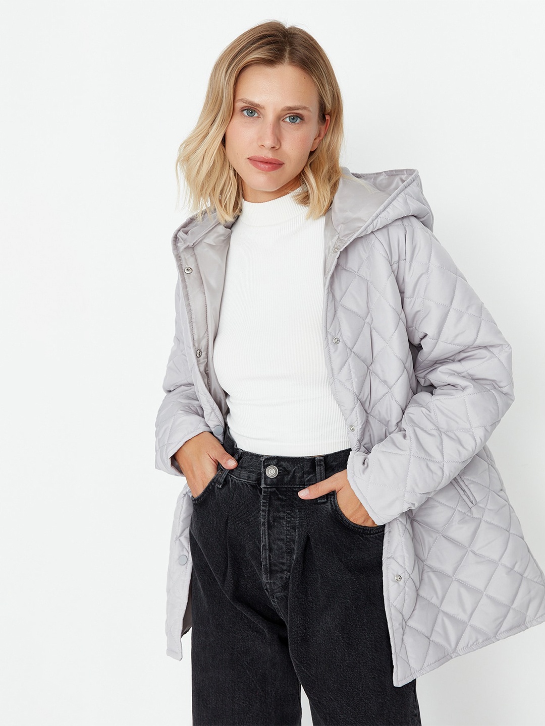 

Trendyol Quilted Single-Breasted Hooded Overcoat, Grey