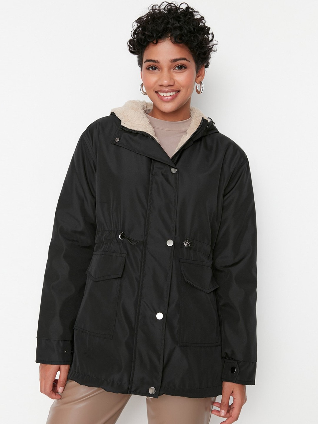 

Trendyol Single-Breasted Faux Fur Trim Hooded Overcoat, Black