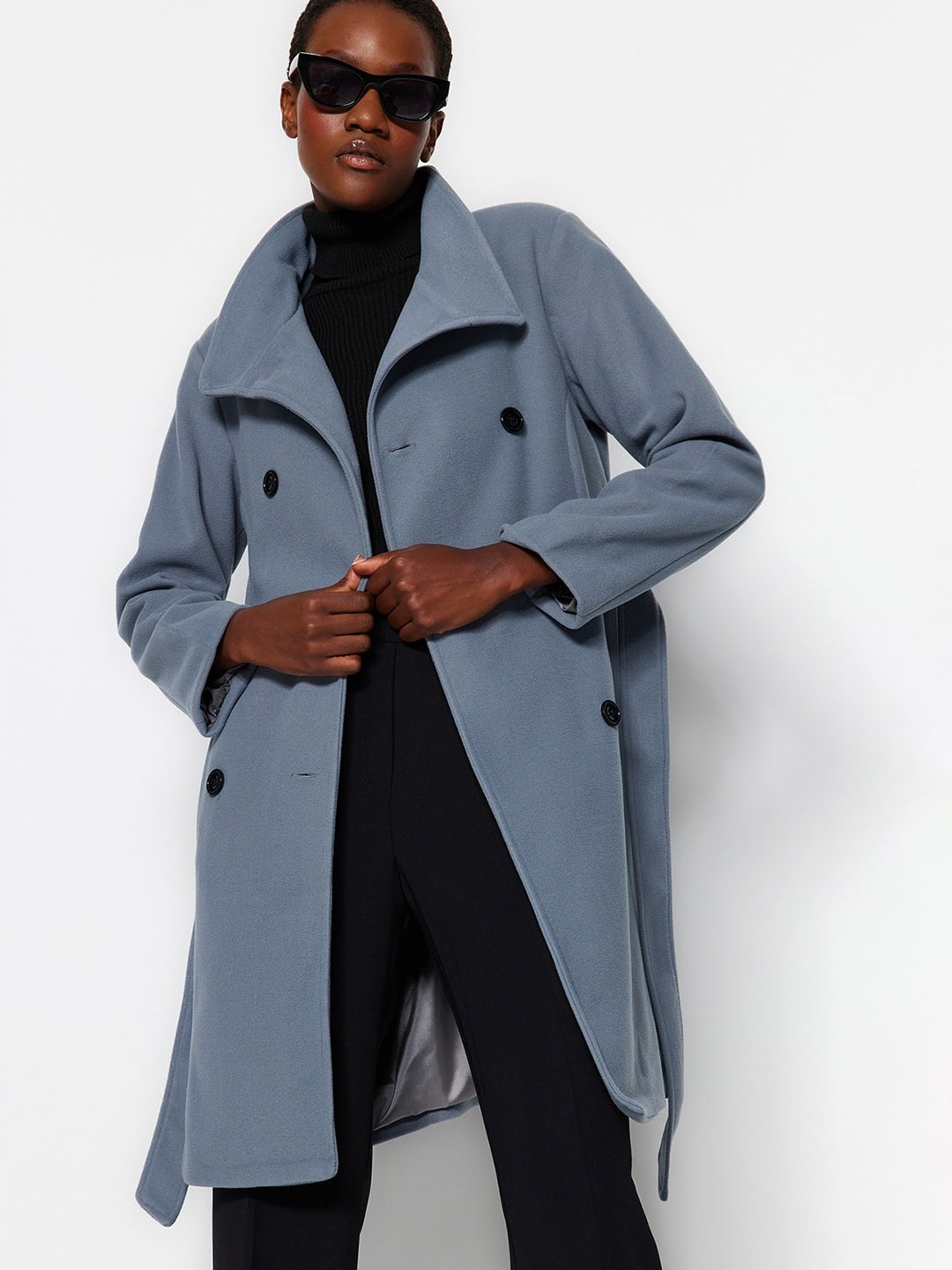 

Trendyol Double-Breasted Longline Overcoat, Grey