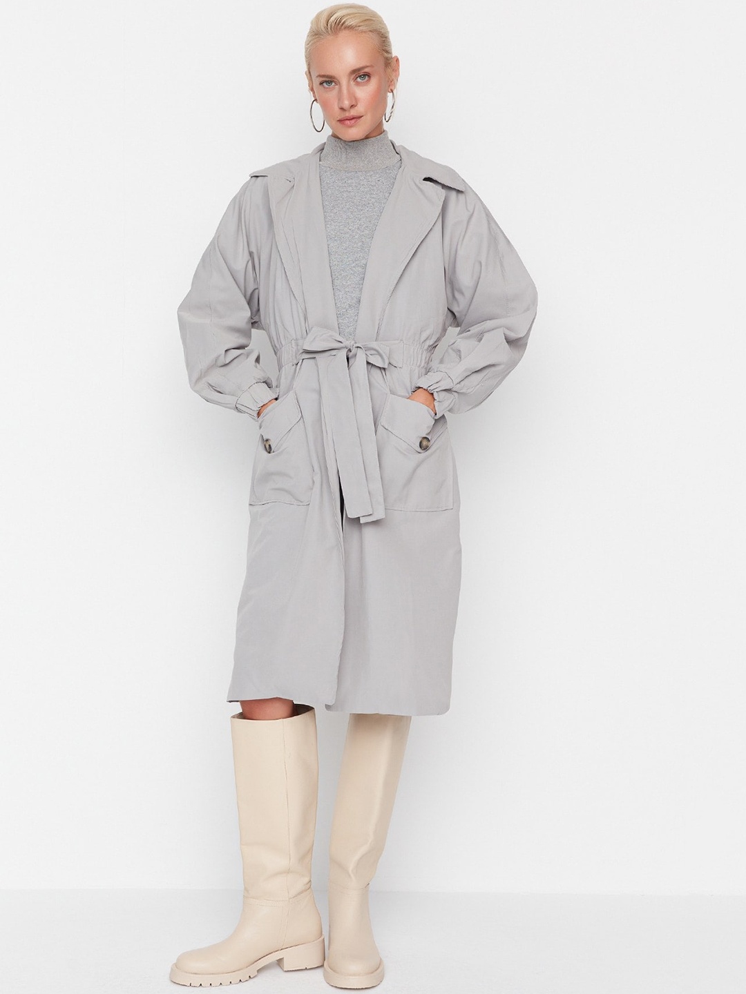 

Trendyol Notched Lapel Collar Knee-Length OverCoat, Grey