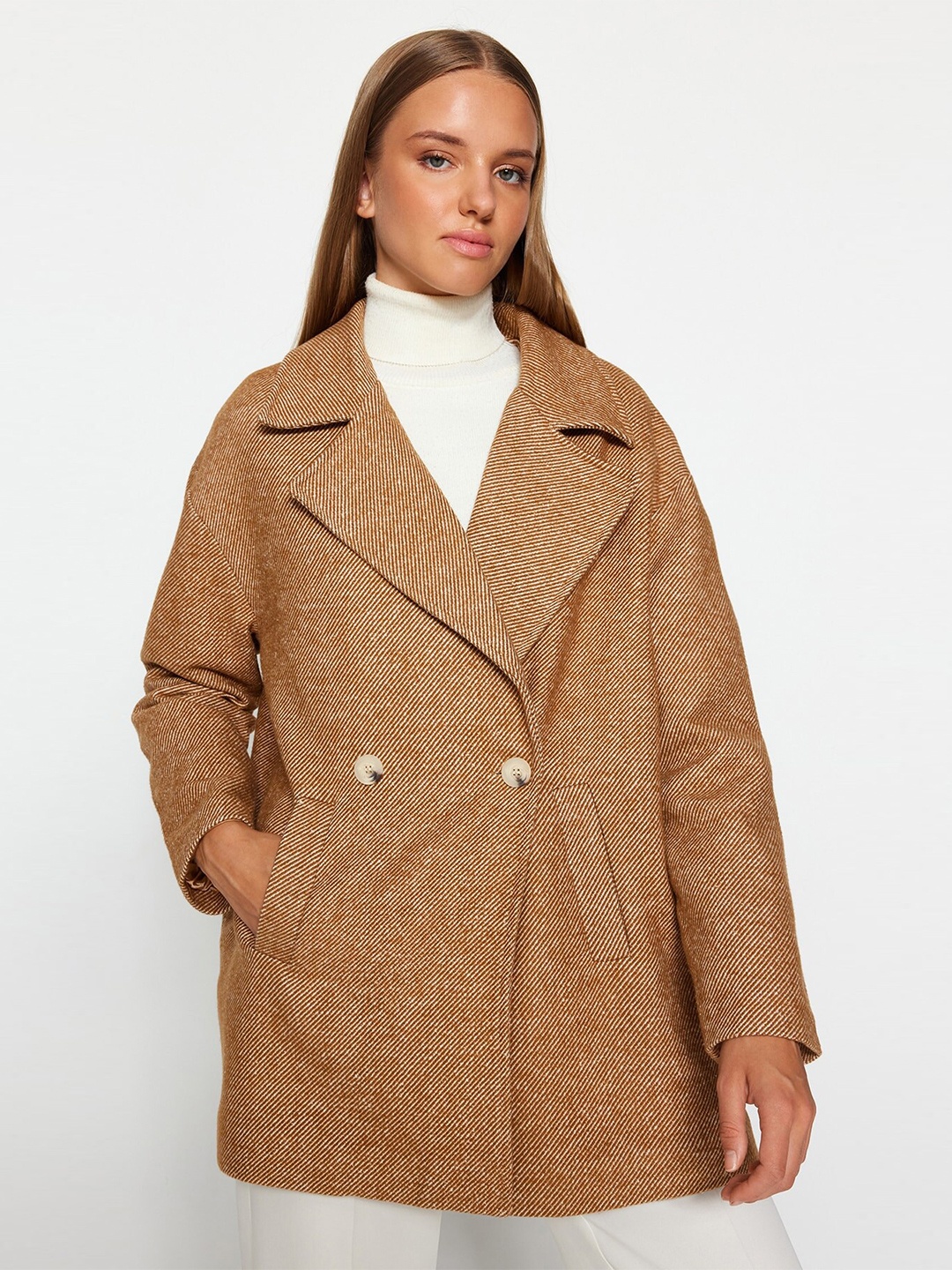 

Trendyol Self Design Double-Breasted Notched Lapel Collar Overcoat, Camel brown