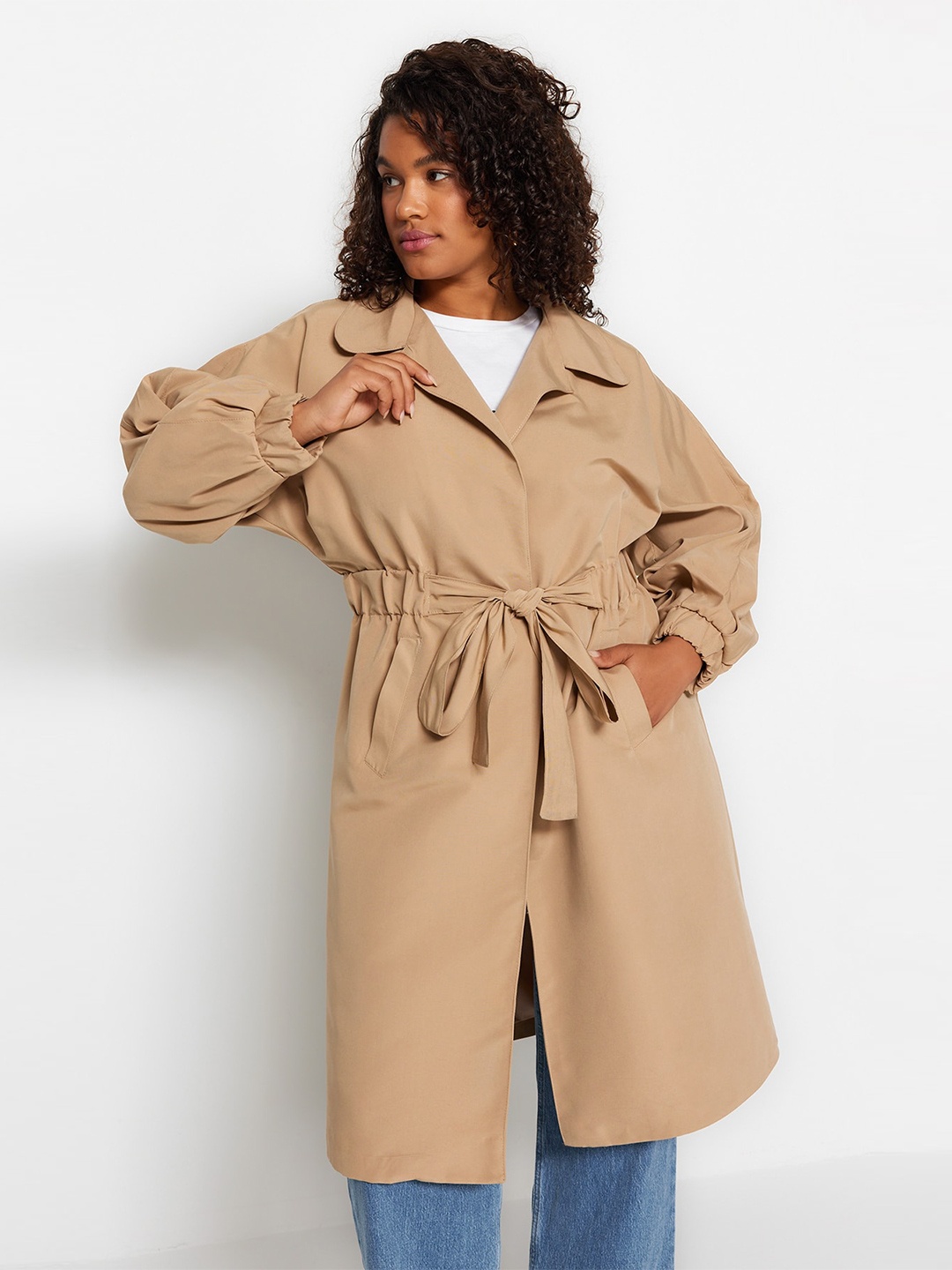 

Trendyol Single Plus Size Breasted Trench Coat, Beige