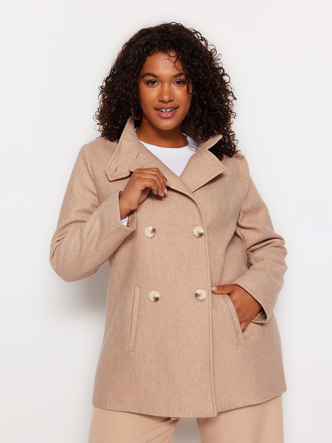

Trendyol Plus Size Notched Lapel Collar Double-Breasted Overcoat, Beige
