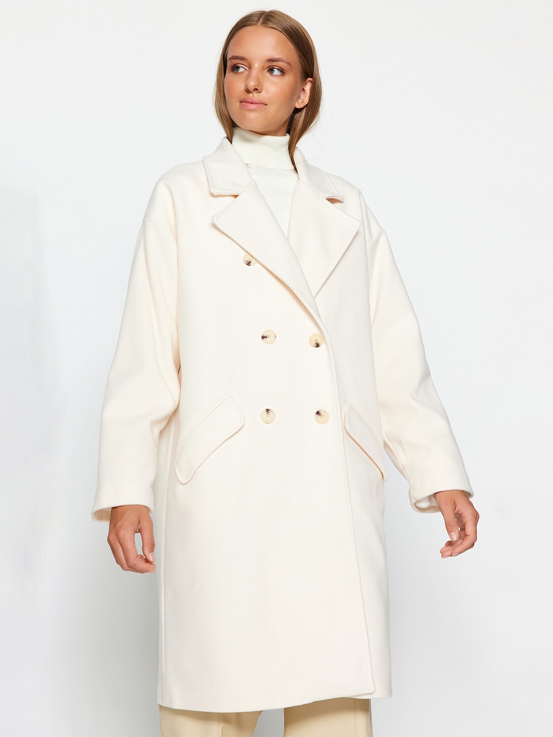 

Trendyol Double Breasted Notched Lapel Collar Longline Overcoat, Cream