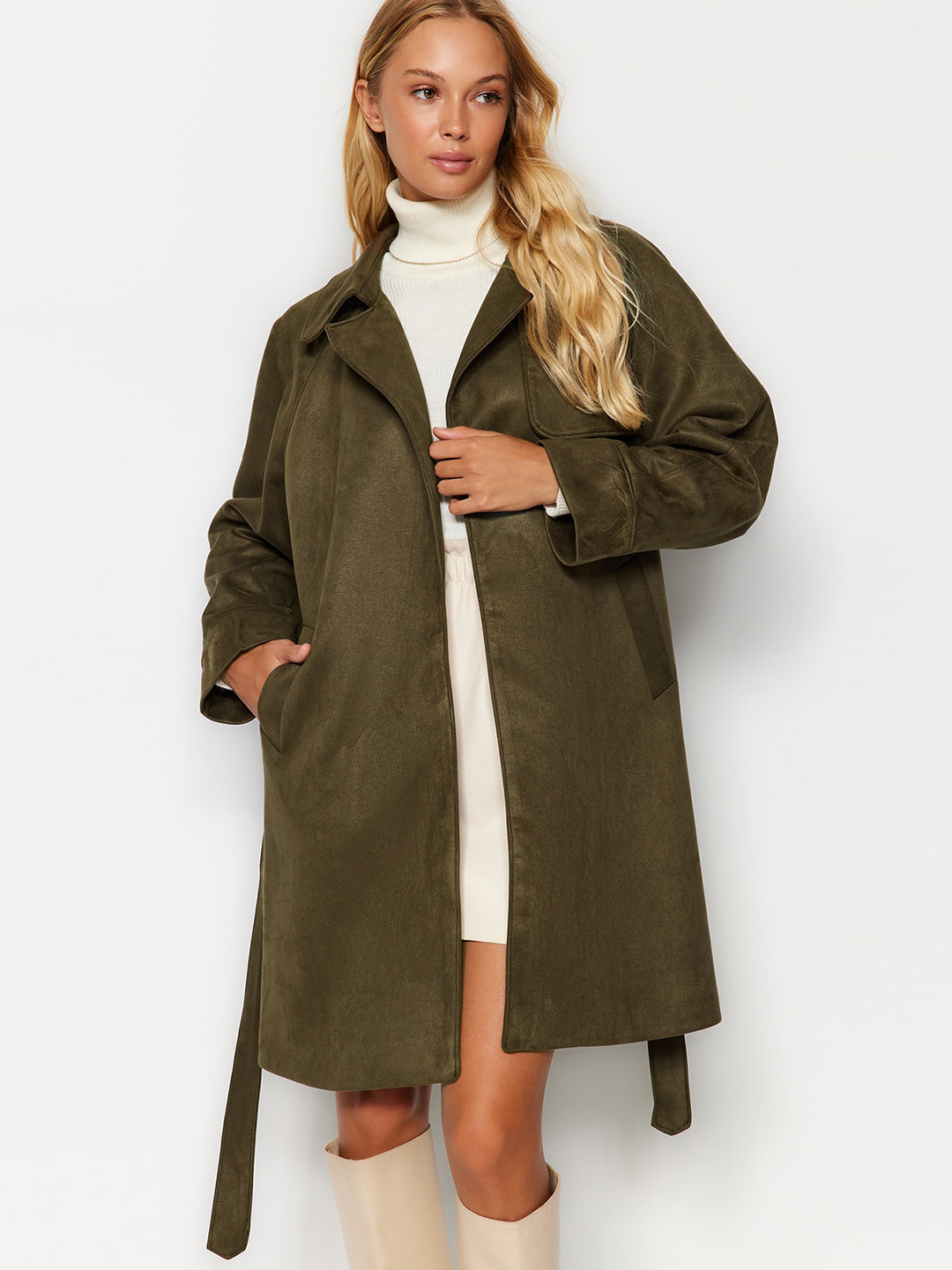 

Trendyol Notched Lapel Collar Longline Trench Coat, Khaki