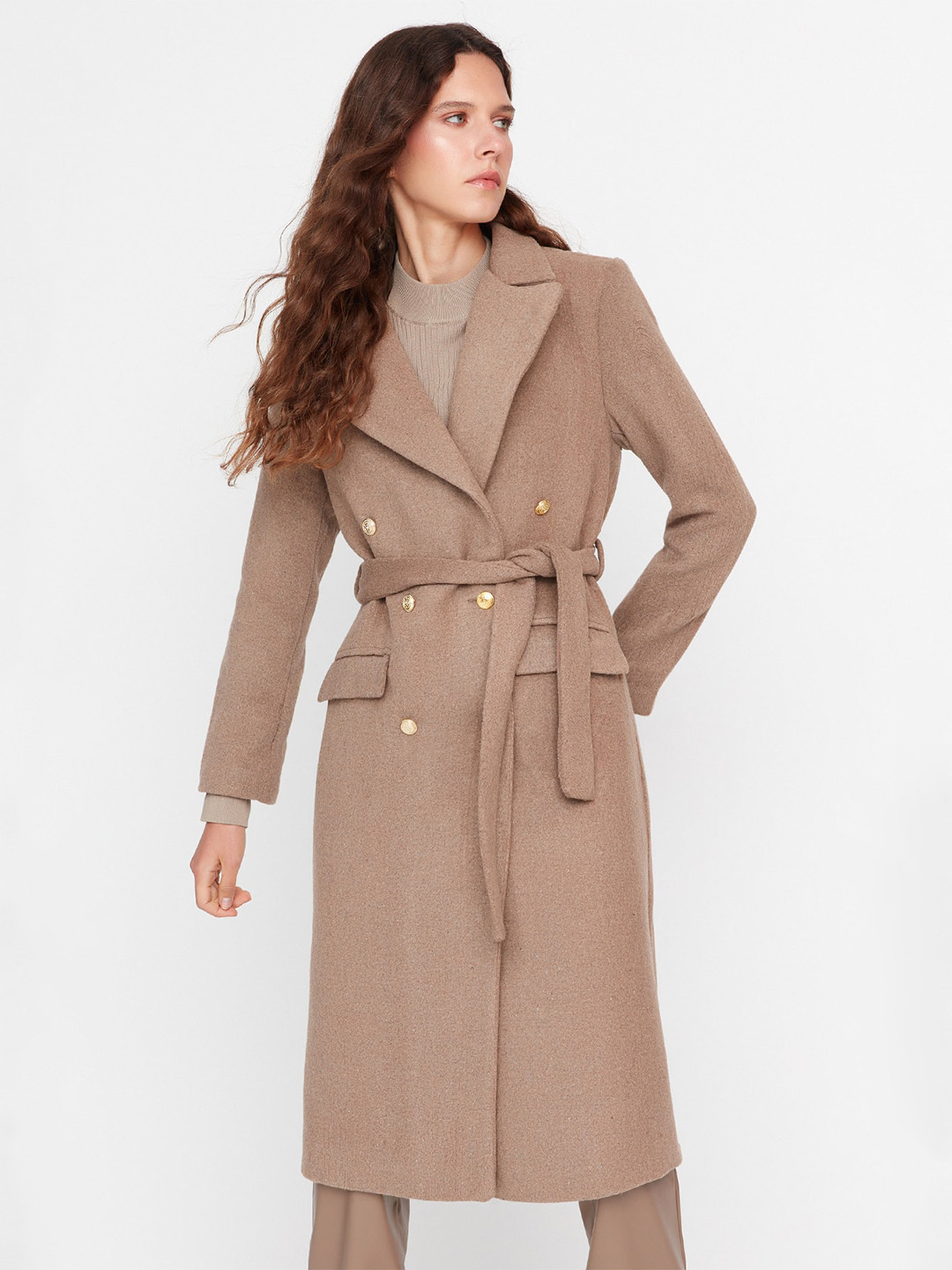 

Trendyol Double-Breasted Notched Lapel Overcoat, Brown