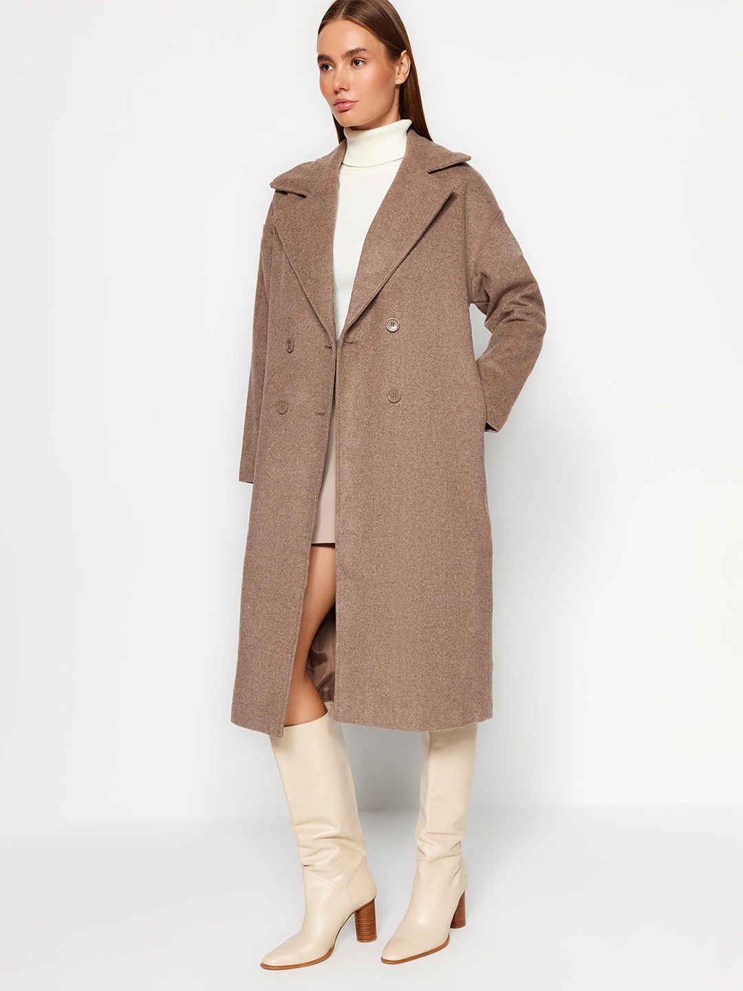 

Trendyol Notched Lapel Collar Double-Breasted Longline Overcoat, Brown