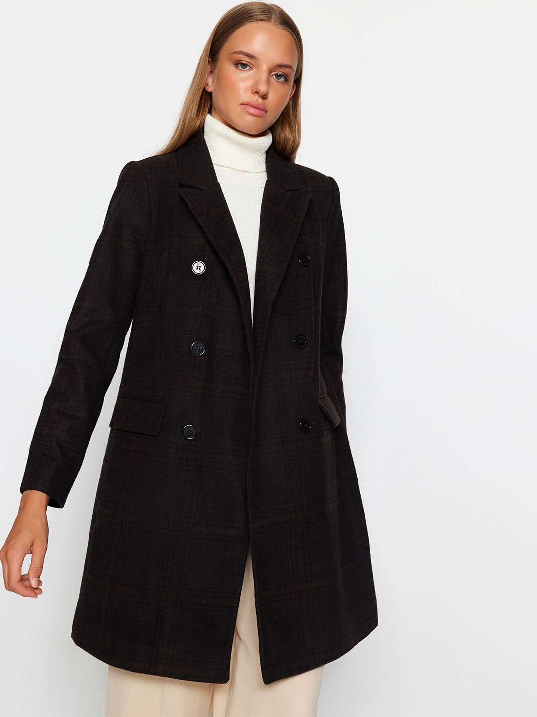 

Trendyol Double-Breasted Mock Collar Longline Overcoat, Na