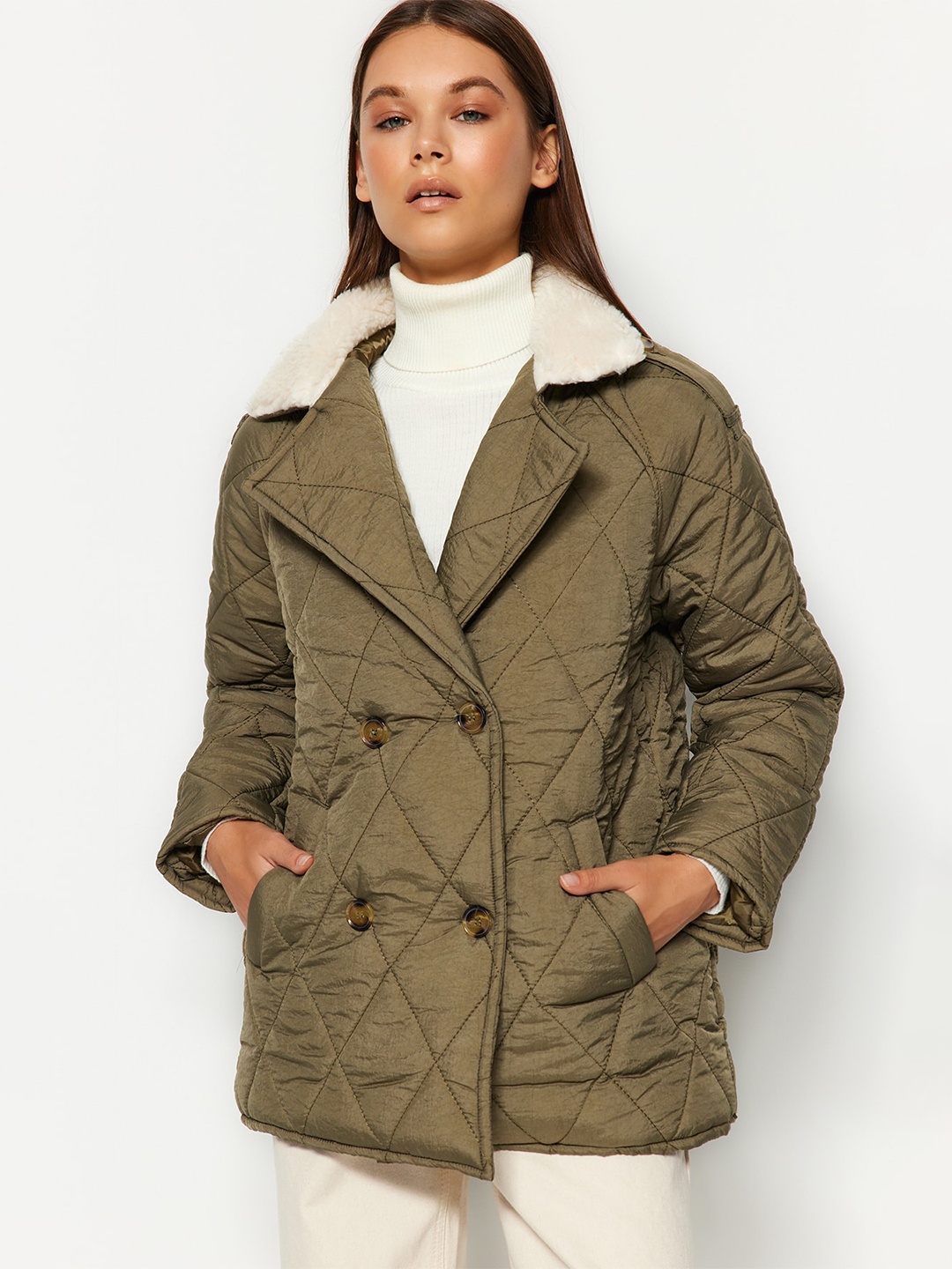

Trendyol Notched Lapel Collar Pea Coat, Brown