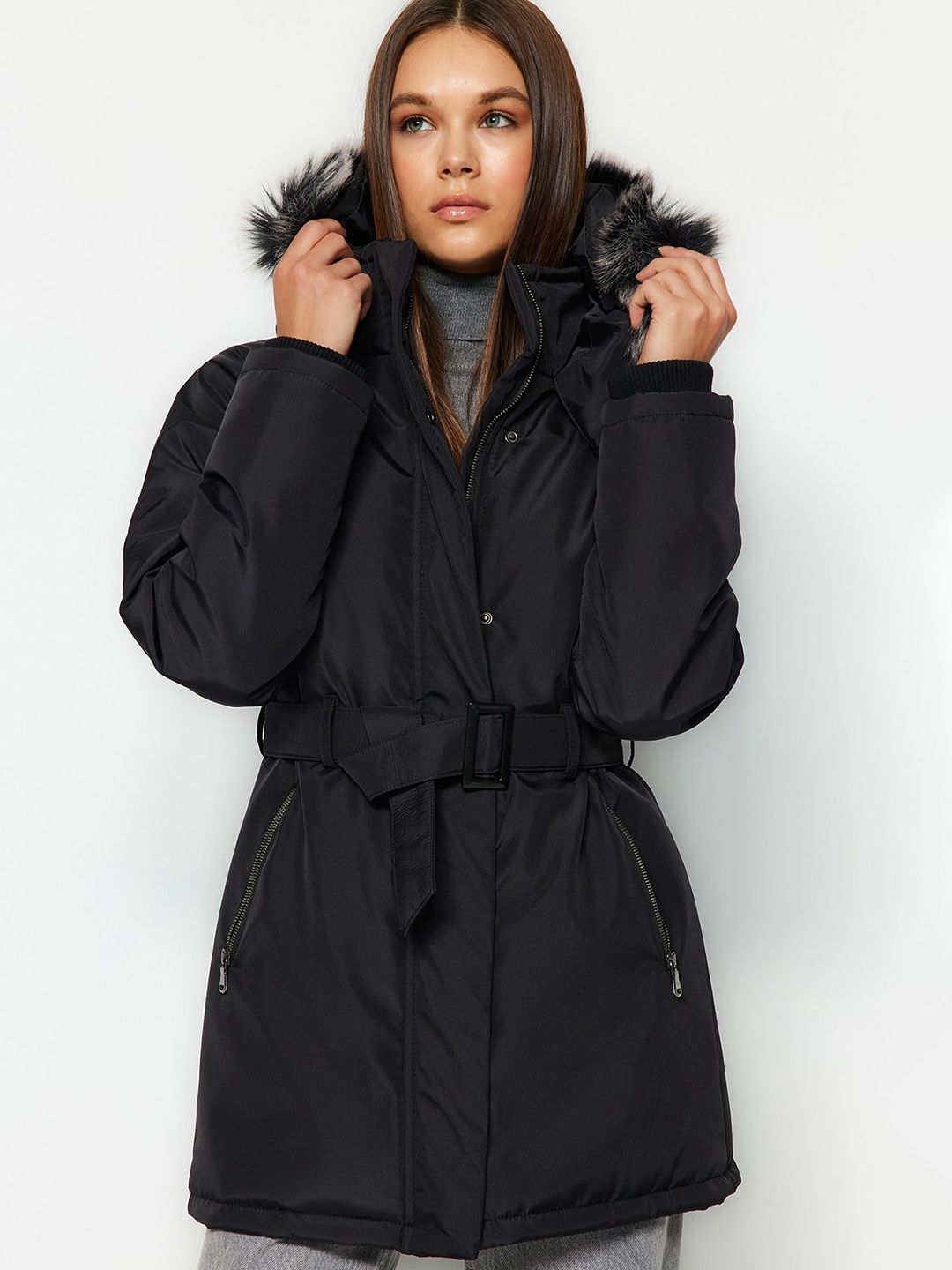 

Trendyol Hooded Single-Breasted Overcoat, Black