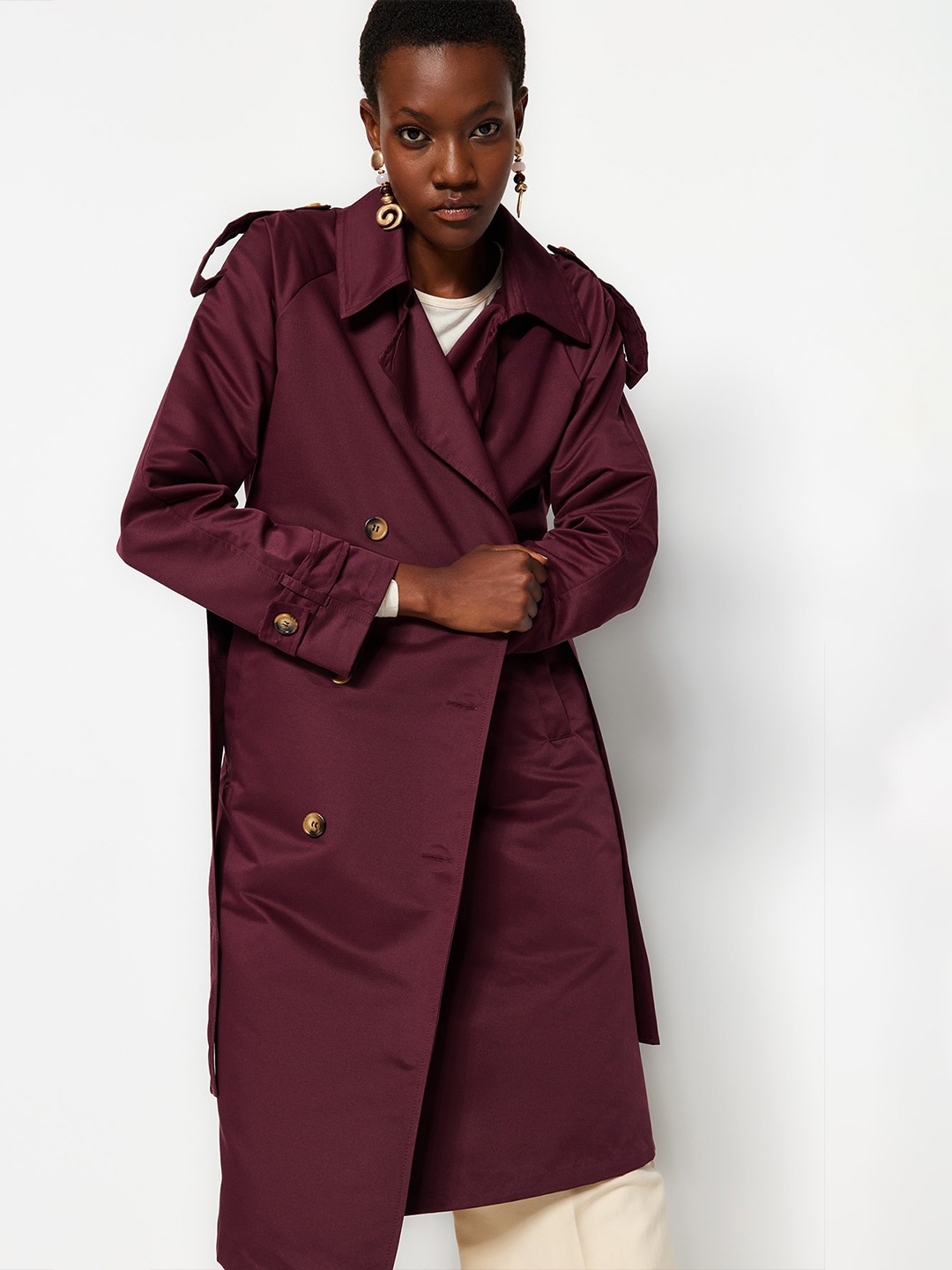 

Trendyol Notched Lapel Collar Double-Breasted Longline Trench Coat, Burgundy