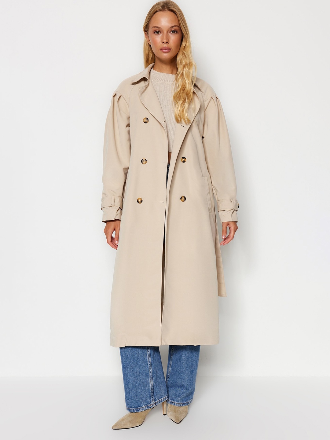 

Trendyol Double-Breasted Spread-Collar Trench Coat, Cream
