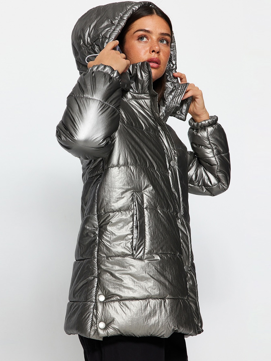 

Trendyol Self Design Hooded Overcoat, Silver