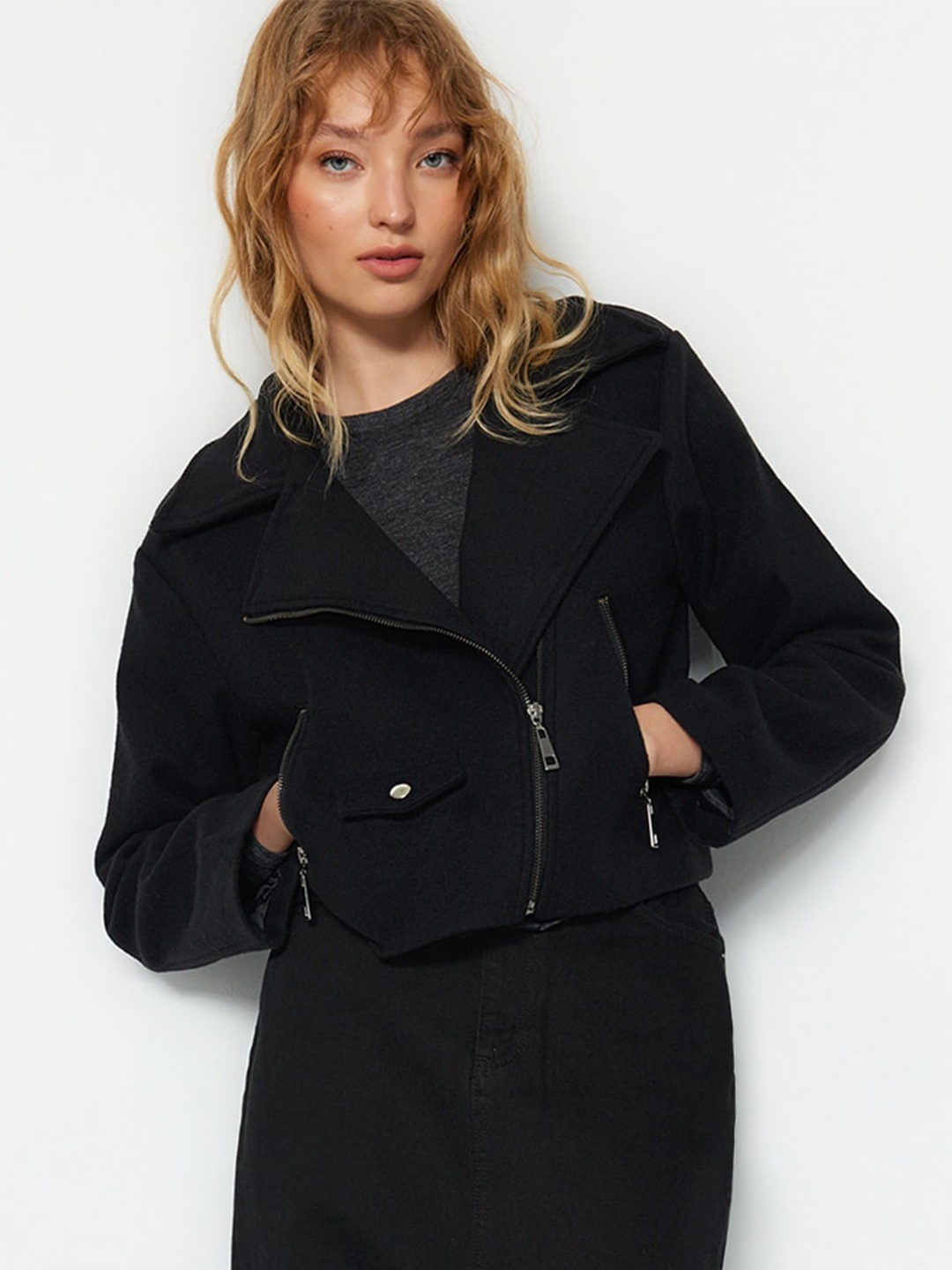 

Trendyol Notched Lapel Collar Crop Biker Jacket, Black