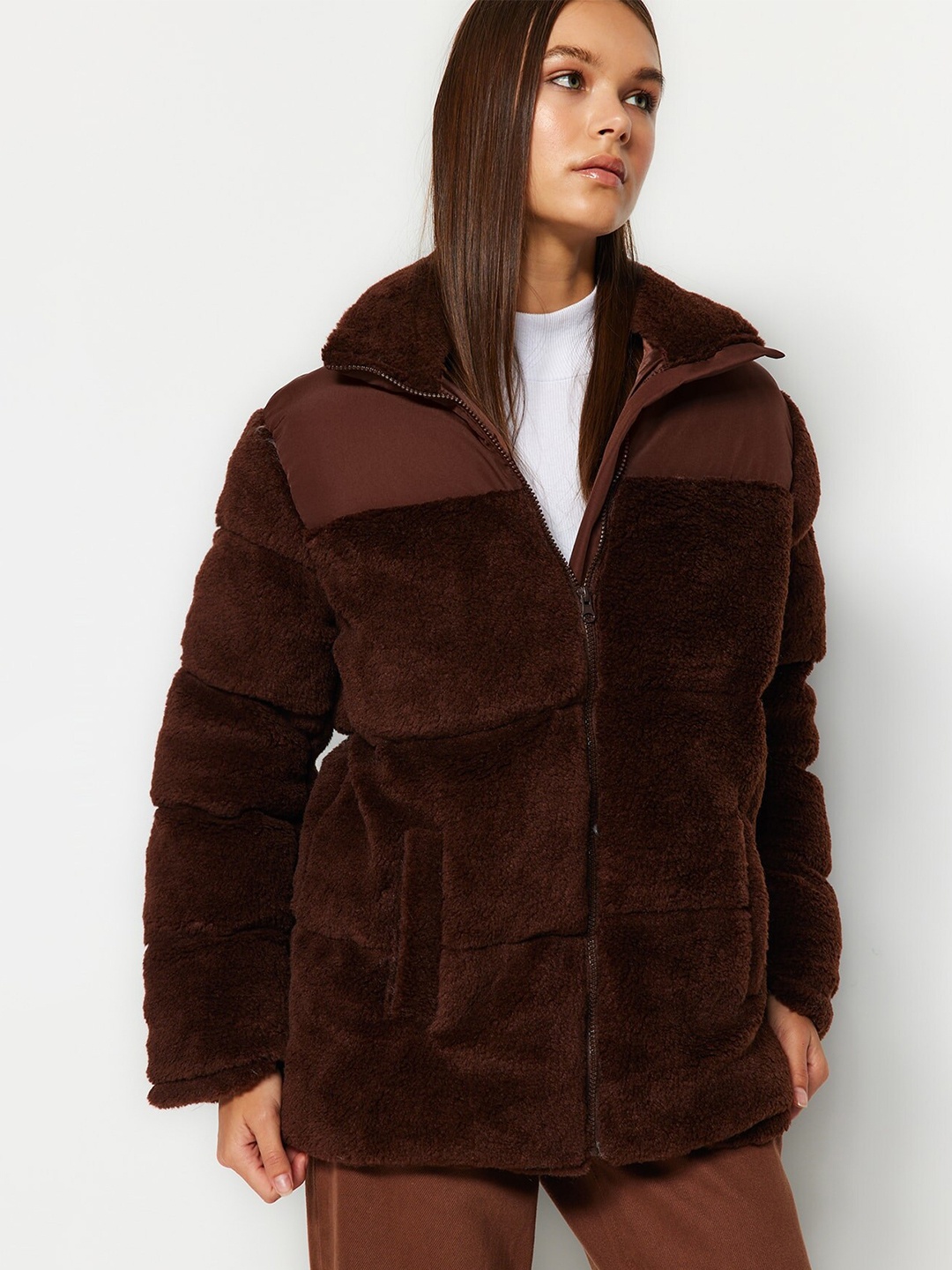 

Trendyol Stand Collar Puffer Jacket, Brown