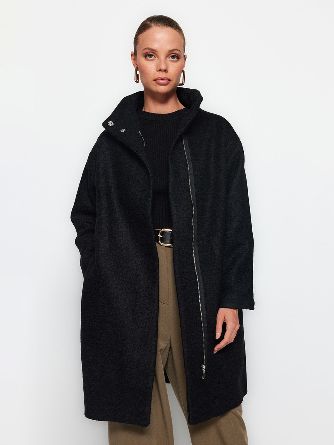 

Trendyol Mock Collar Longline Overcoat, Black