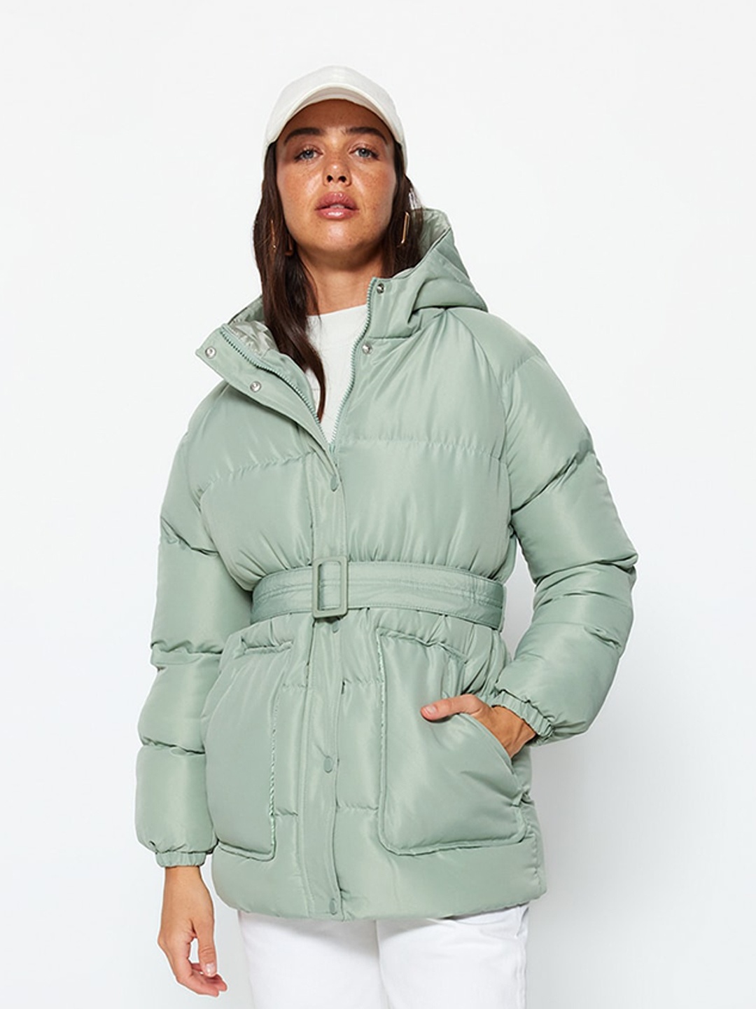 

Trendyol Hooded Rivets Overcoat, Green