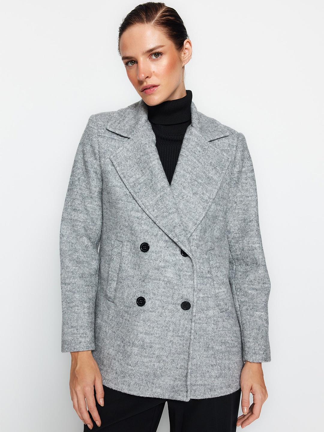 

Trendyol Single-Breasted Notched Lapel Collar Overcoat, Grey