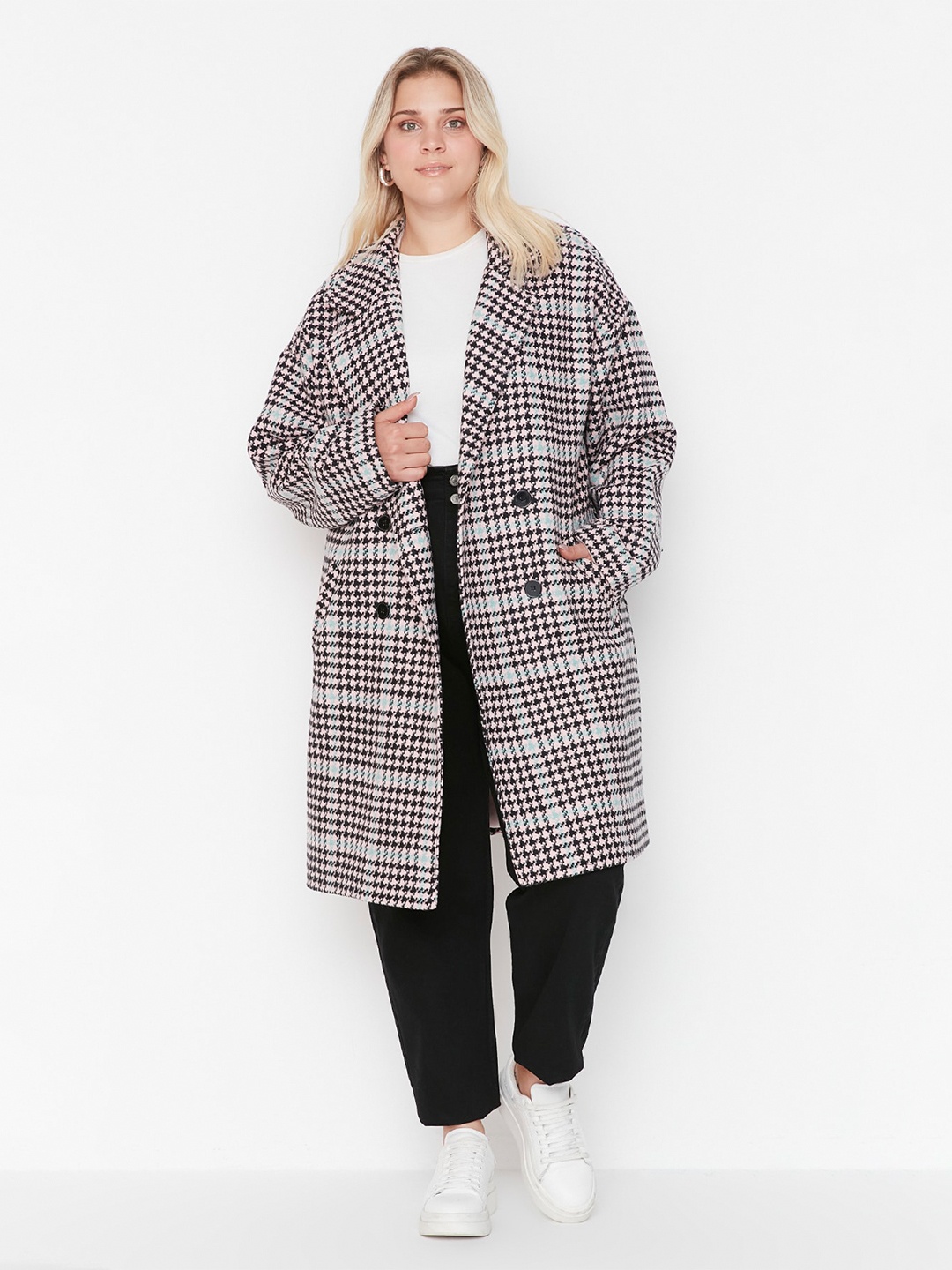 

Trendyol Checked Double-Breasted Longline Overcoat, Black