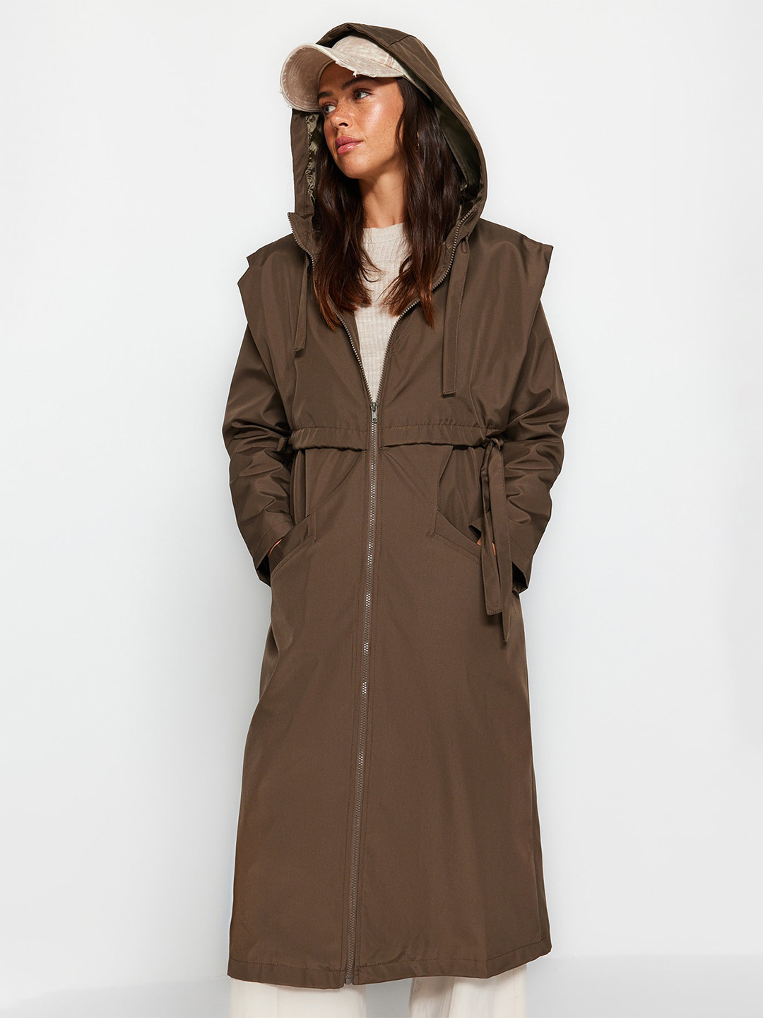 

Trendyol Single-Breasted Hooded Overcoat, Olive