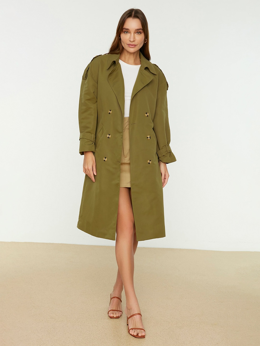

Trendyol Notched Lapel Collar Double-Breasted Longline Trench Coat, Khaki